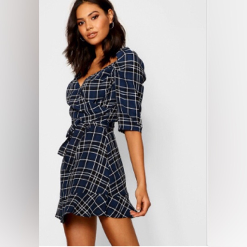 Blue Wrap Front Rouched Sleeve Checked Mini Dress  In Blue size 12